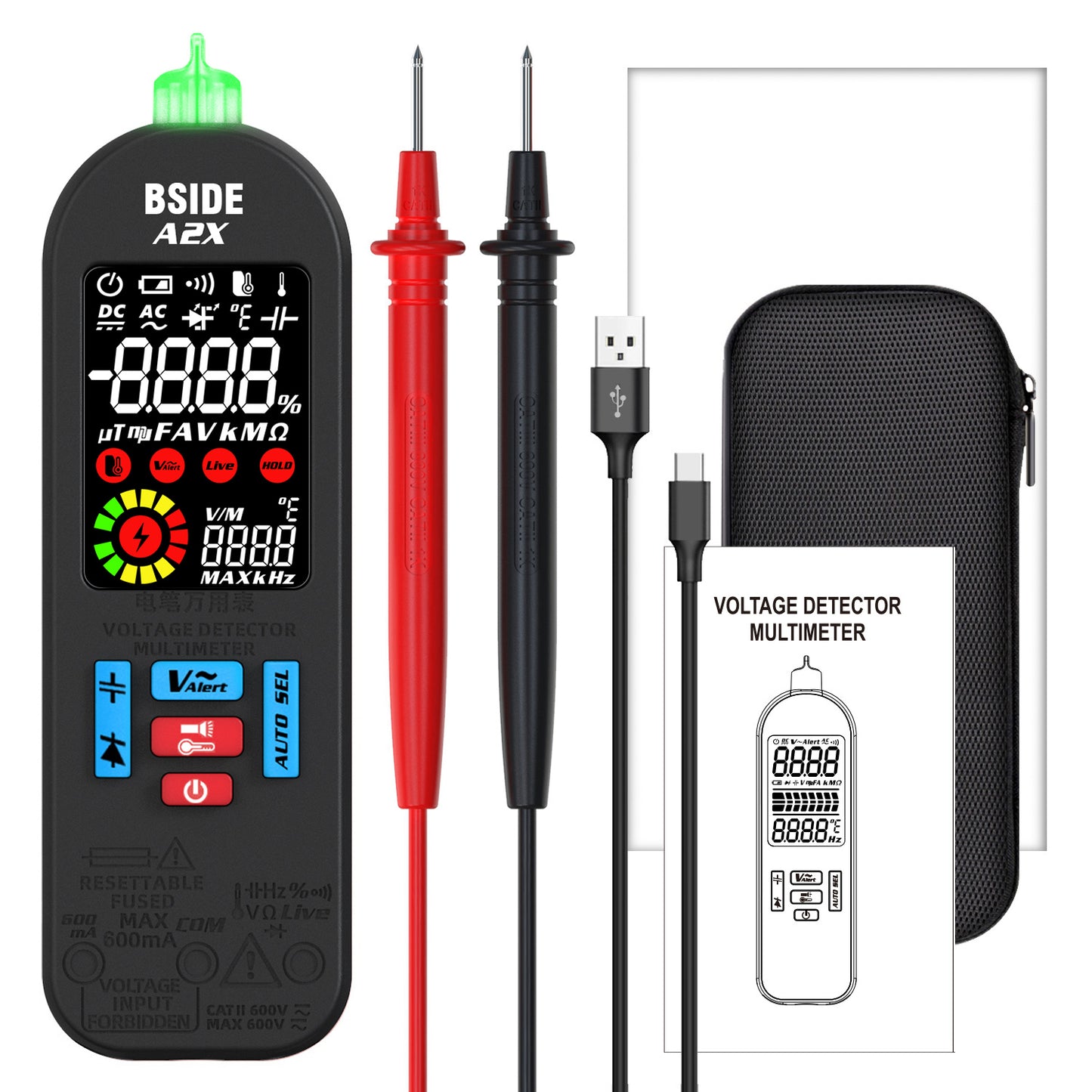 BSIDE A2X Mini Multimeter LCD Digital Tester Voltage Detector DC/AC Voltage Frequency Resistance NCV Continuity Live