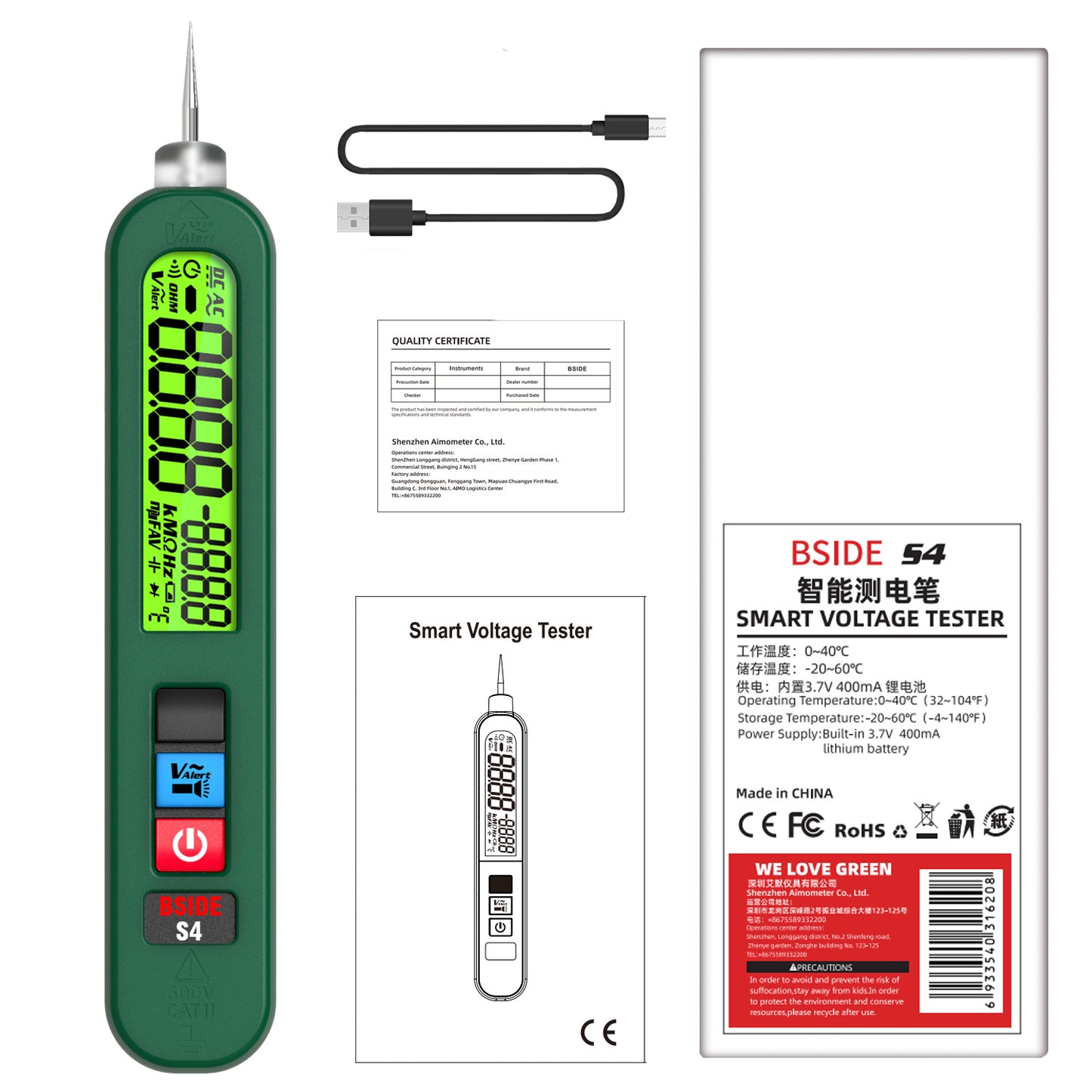 BSIDE S4 Rechargeable Voltage Tester Non-Contact Voltage Detector Pen, Contacted Measure AC Voltage & Environment Temperature Test, Pocket Electrical Live Wire Checker Breakpoint Locate with Flashlight