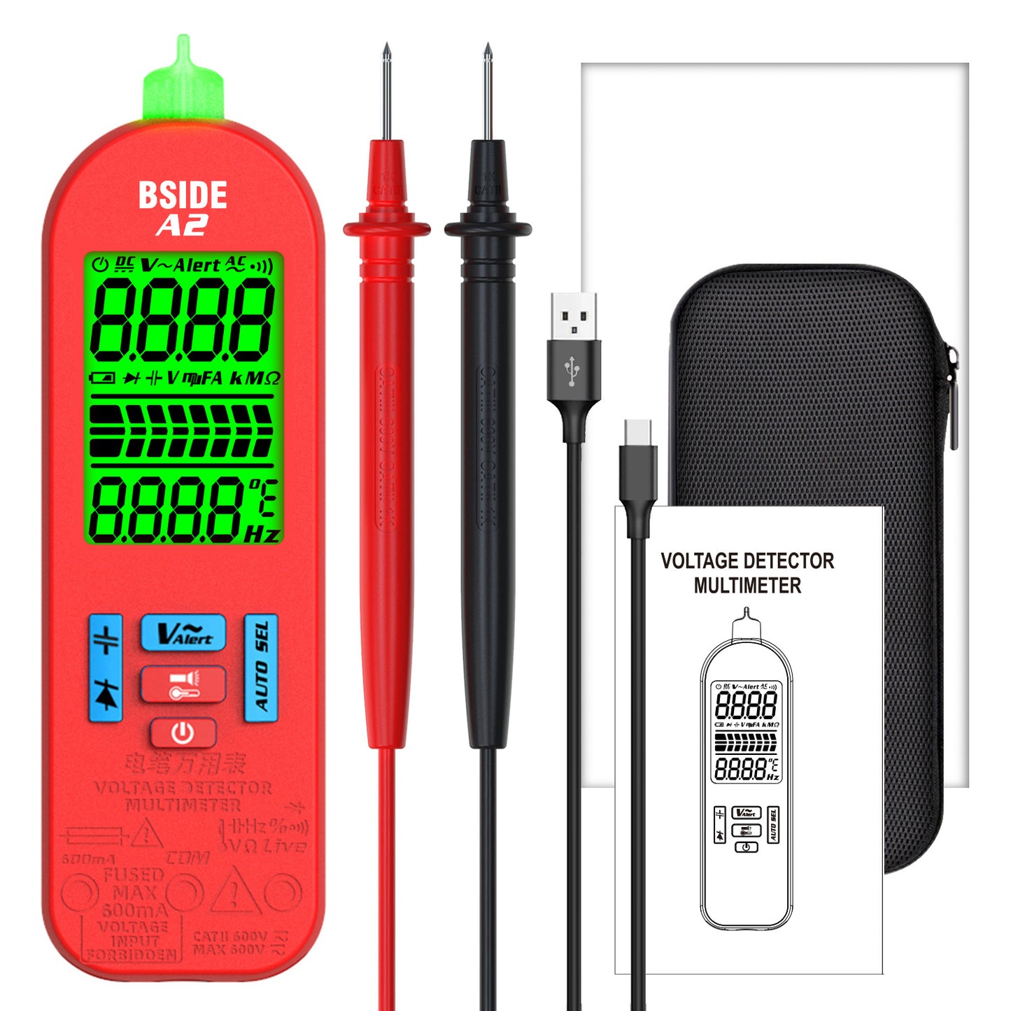 BSIDE A2 Mini Multimeter LCD Digital Tester Voltage Detector DC/AC Voltage Frequency Resistance NCV Continuity Live
