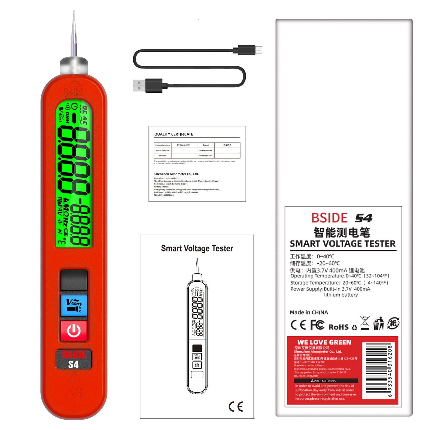 BSIDE S4 Rechargeable Voltage Tester Non-Contact Voltage Detector Pen, Contacted Measure AC Voltage & Environment Temperature Test, Pocket Electrical Live Wire Checker Breakpoint Locate with Flashlight