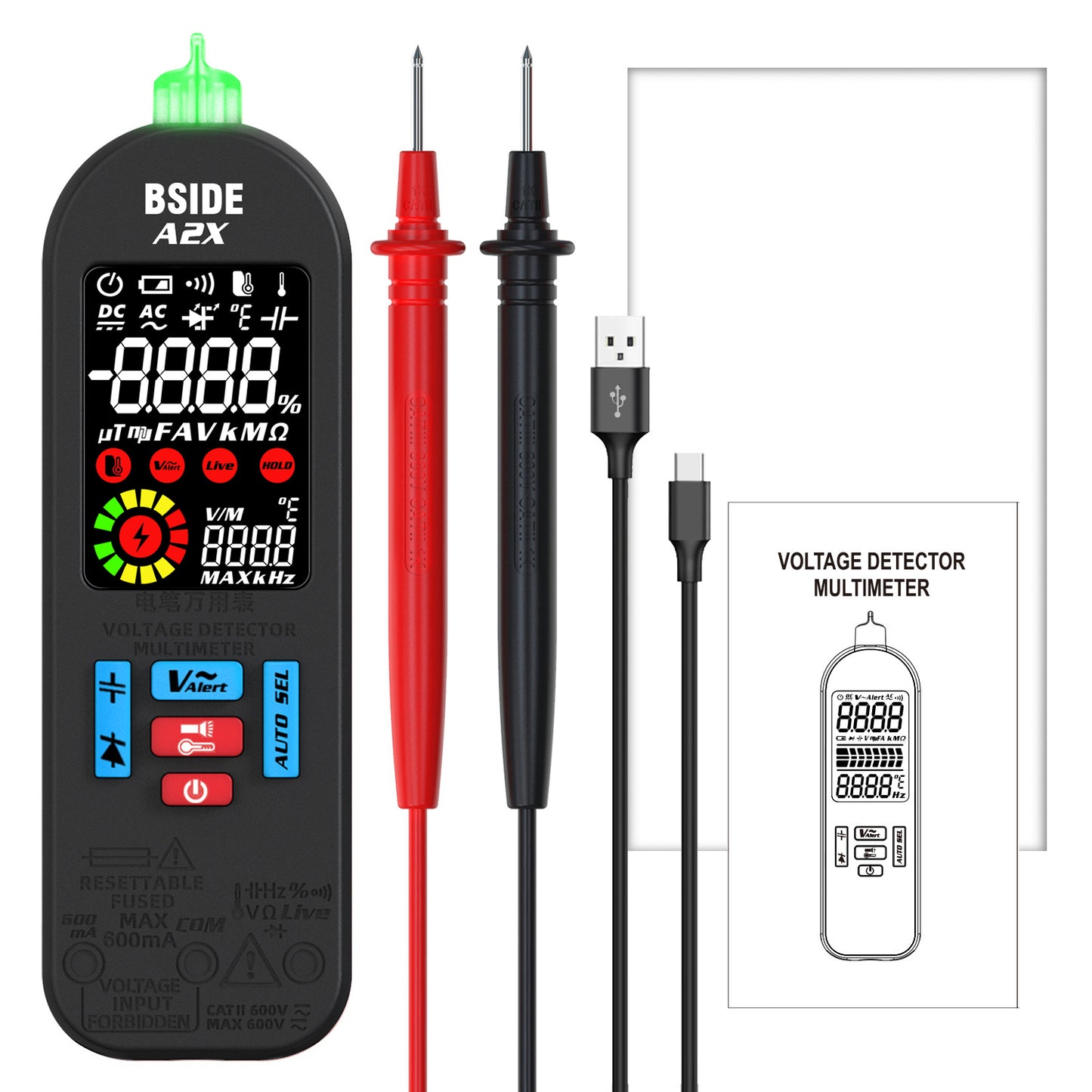 BSIDE A2X Mini Multimeter LCD Digital Tester Voltage Detector DC/AC Voltage Frequency Resistance NCV Continuity Live