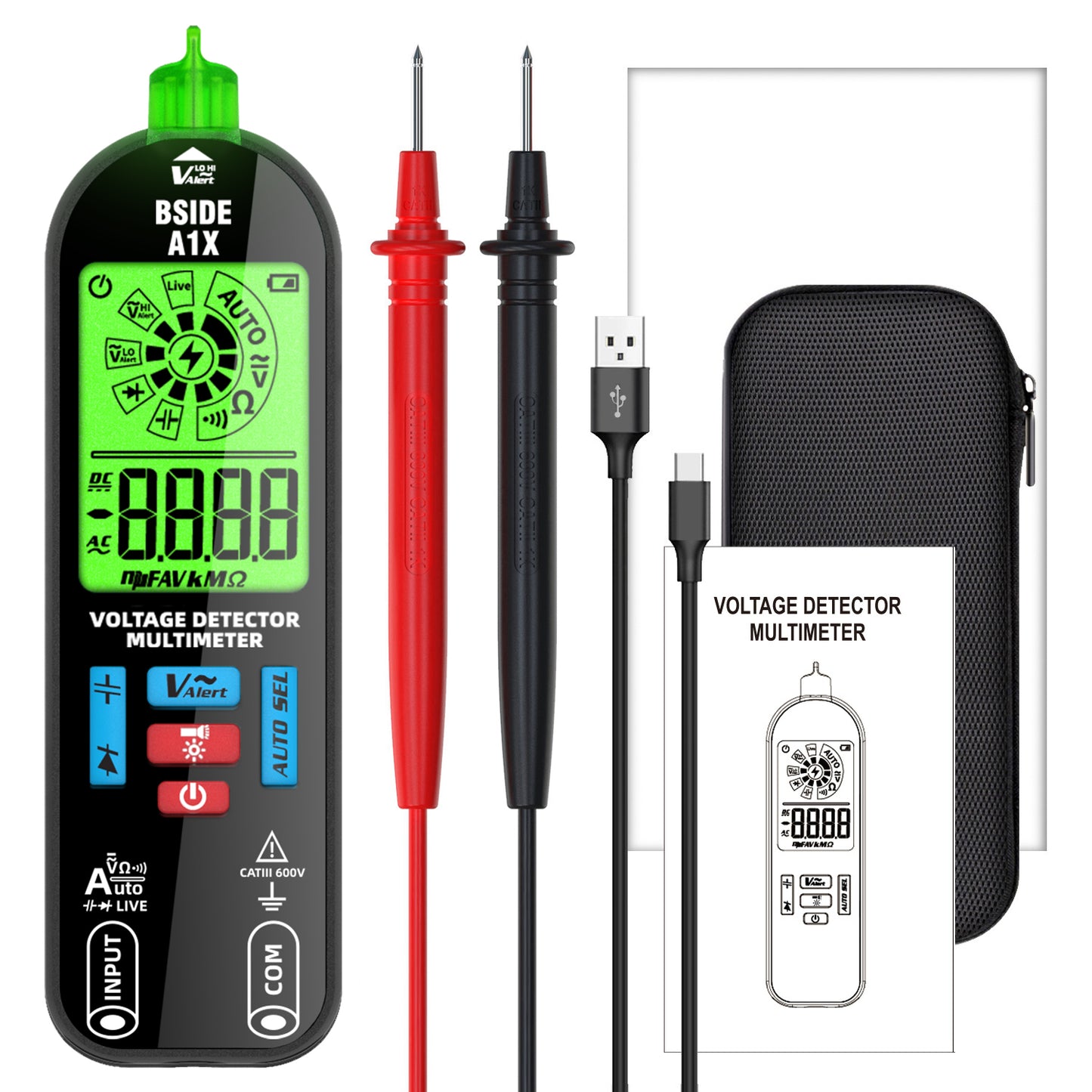 BSIDE A1X Digital Multimeter Tester Rechargeable Electrical Voltmeter, Smart Mode with Red and Green Backlight, Measures Capacitance Diode Ohm Continuity V-Alert DC AC Voltage with Carrying Case