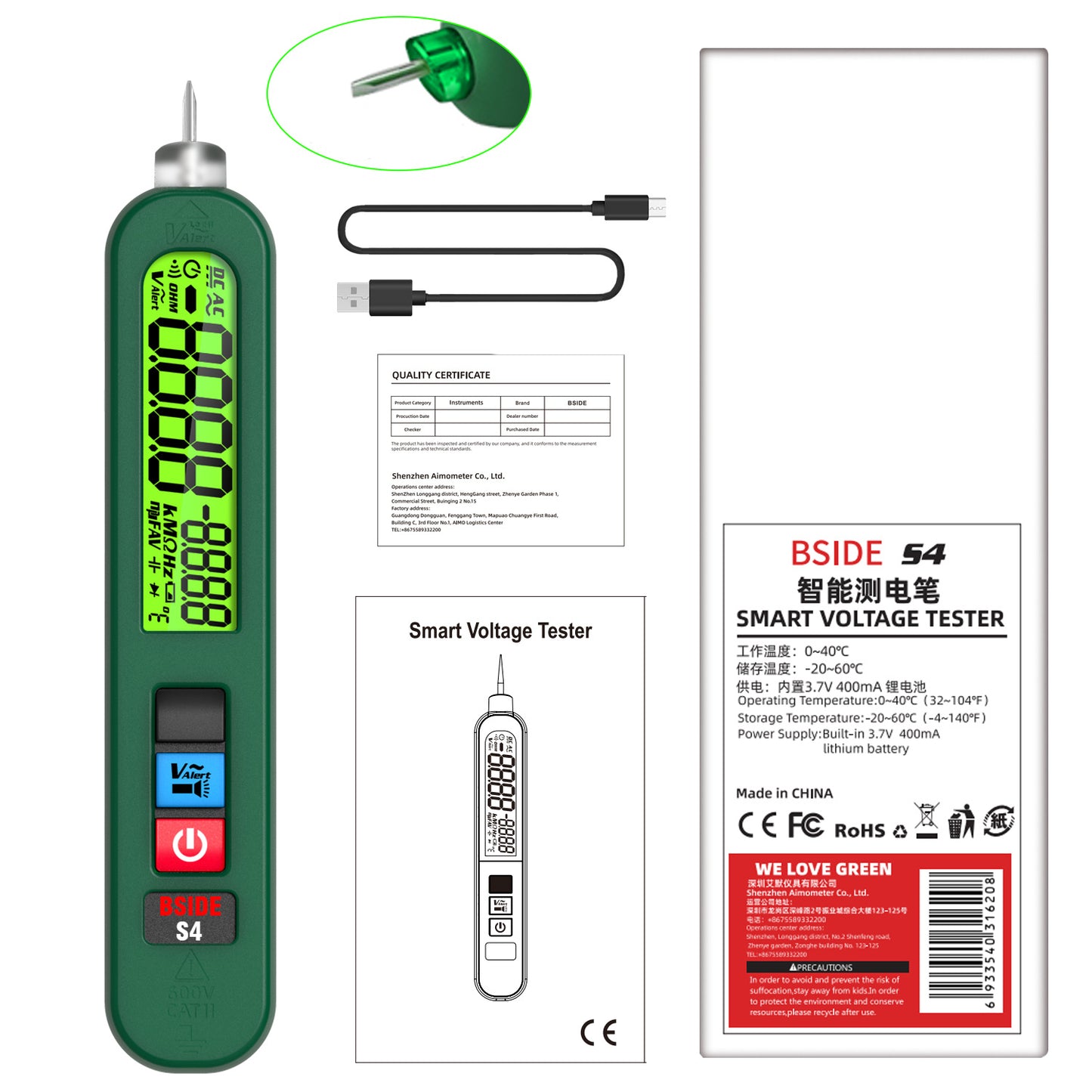 BSIDE S4 Rechargeable Voltage Tester Non-Contact Voltage Detector Pen, Contacted Measure AC Voltage & Environment Temperature Test, Pocket Electrical Live Wire Checker Breakpoint Locate with Flashlight
