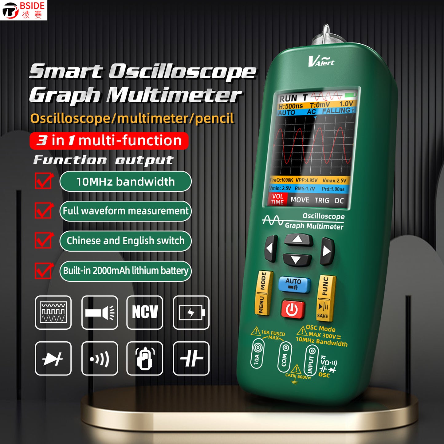 BSIDE O1 Handheld Oscilloscope Multimeter 3-in-1 Multifunctional Signal Digital Waveform Data Storage Multimeter