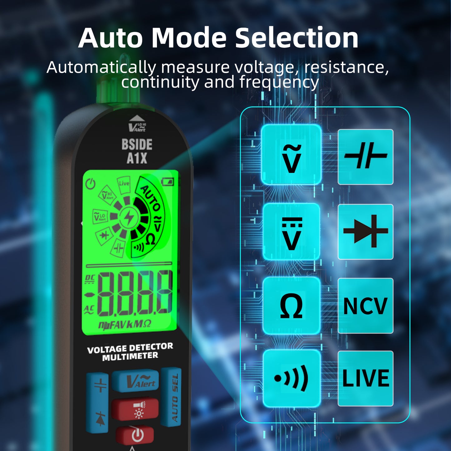 BSIDE A1X Digital Multimeter Tester Rechargeable Electrical Voltmeter, Smart Mode with Red and Green Backlight, Measures Capacitance Diode Ohm Continuity V-Alert DC AC Voltage with Carrying Case