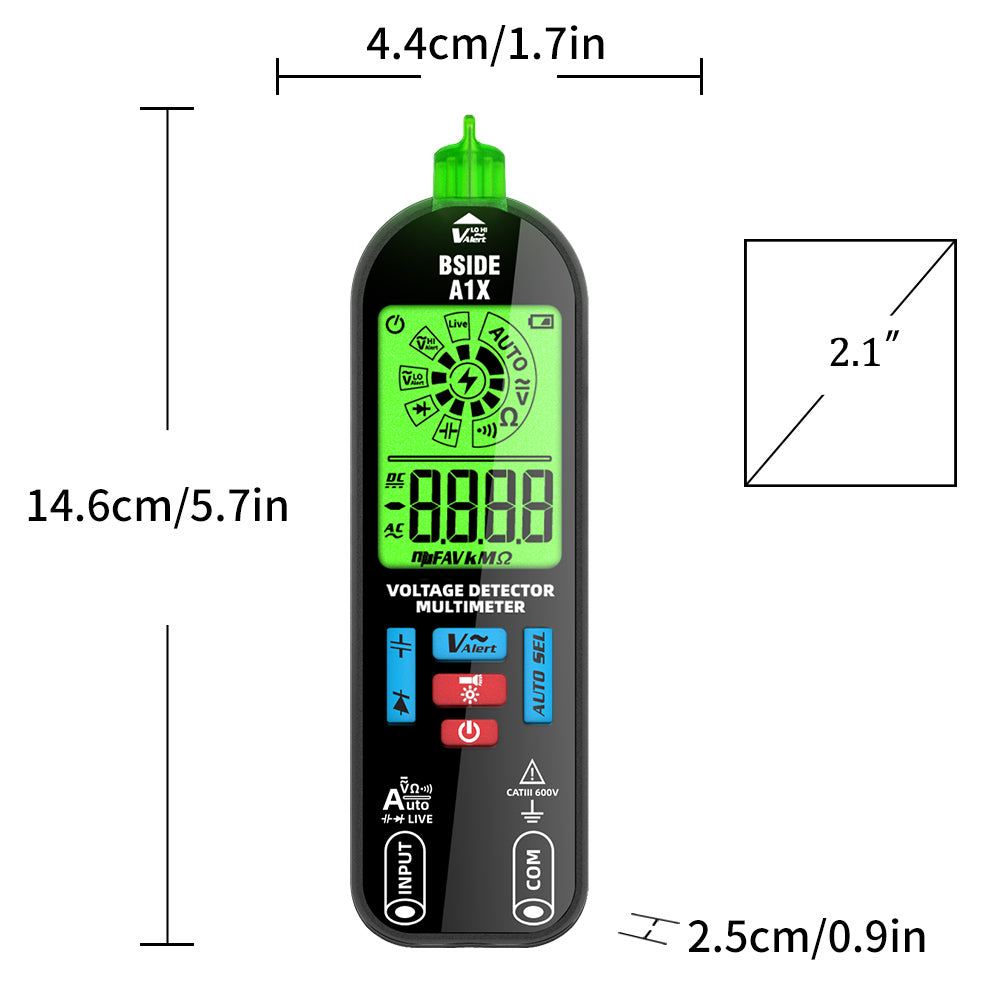 BSIDE A1X Digital Multimeter Tester Rechargeable Electrical Voltmeter, Smart Mode with Red and Green Backlight, Measures Capacitance Diode Ohm Continuity V-Alert DC AC Voltage with Carrying Case