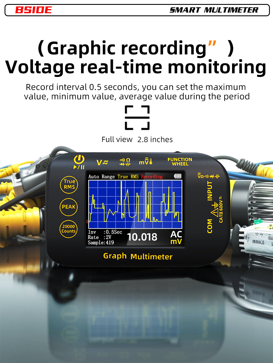 BSIDE Intelligent Digital Multimeter 20000 Counts Voltage Real-Time Waveform Recording Temperature Test Lithium Battery Voltmeter