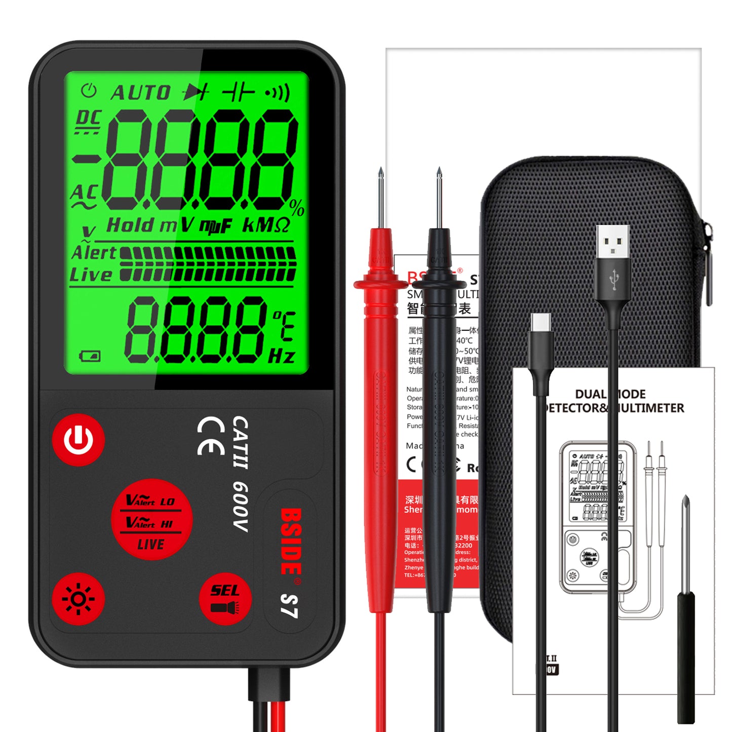 BSIDE Rechargeable Digital Multimeter Electrical Voltage Tester Pocket Smart Voltmeter Resistance Continuous Frequency V-Alert Real Time Voltage Tester with Carrying Case