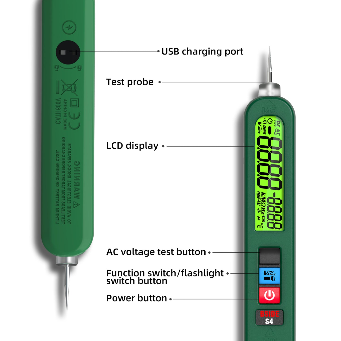 BSIDE S4 Rechargeable Voltage Tester Non-Contact Voltage Detector Pen, Contacted Measure AC Voltage & Environment Temperature Test, Pocket Electrical Live Wire Checker Breakpoint Locate with Flashlight