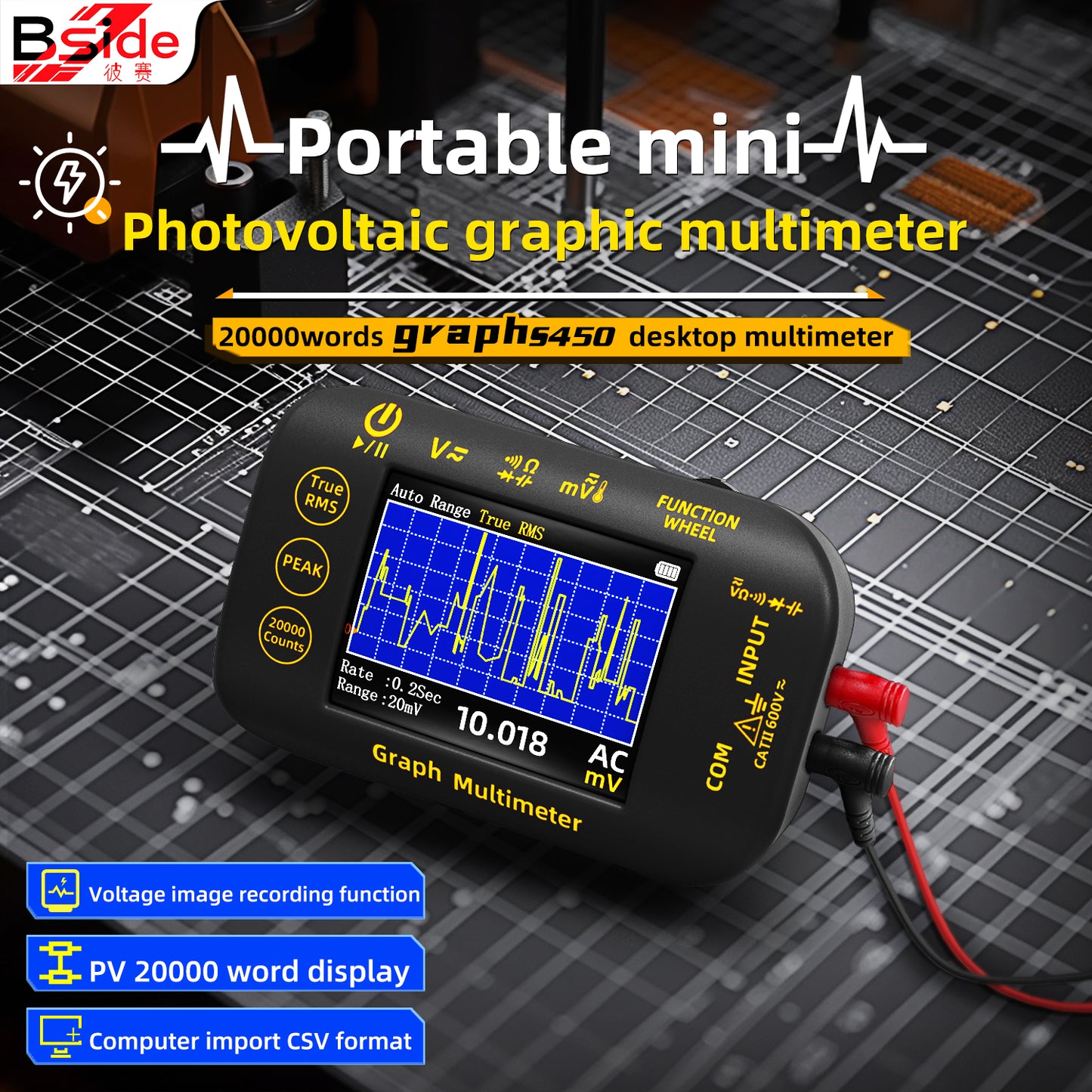 BSIDE Intelligent Digital Multimeter 20000 Counts Voltage Real-Time Waveform Recording Temperature Test Lithium Battery Voltmeter