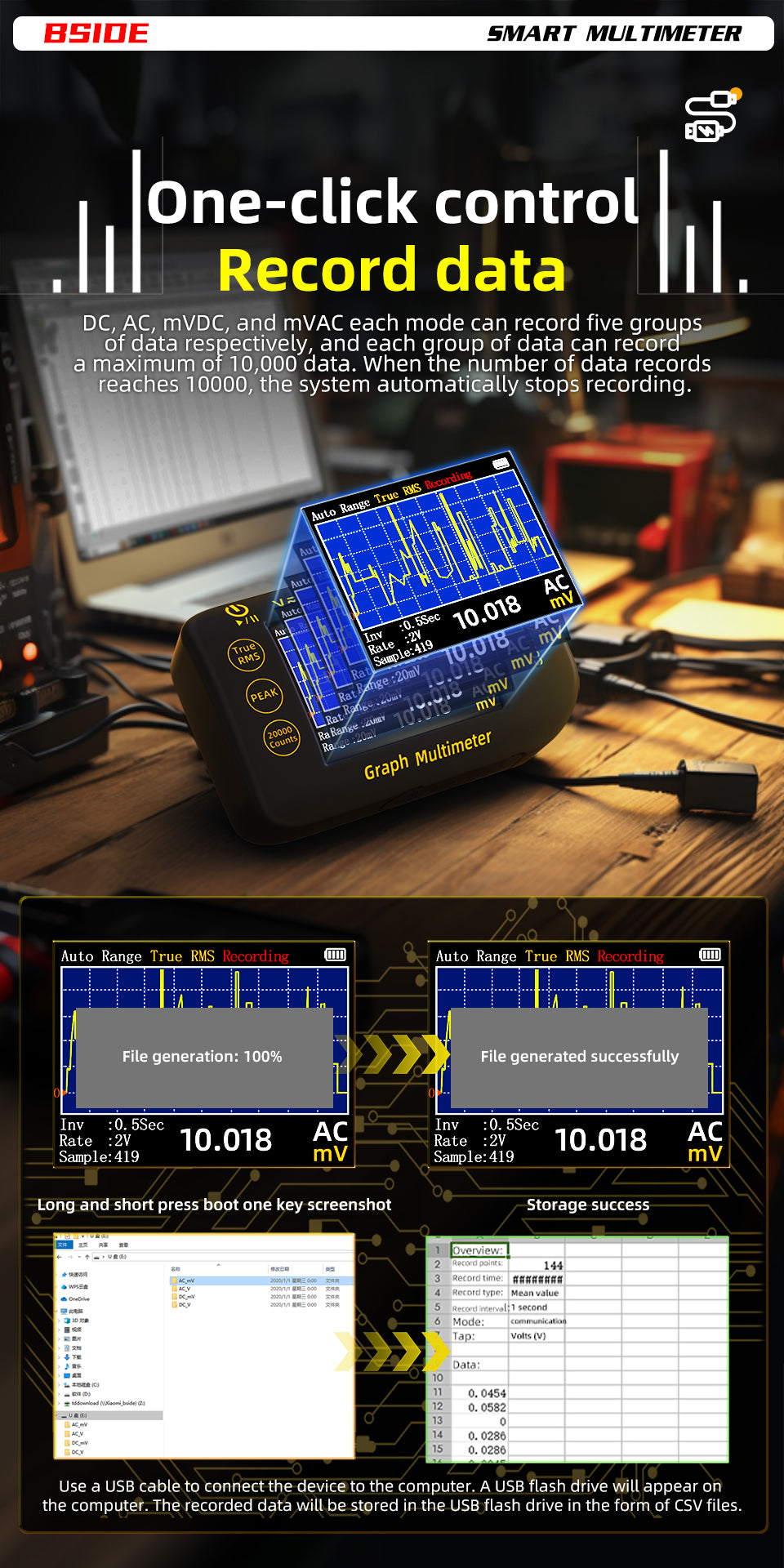 BSIDE Intelligent Digital Multimeter 20000 Counts Voltage Real-Time Waveform Recording Temperature Test Lithium Battery Voltmeter