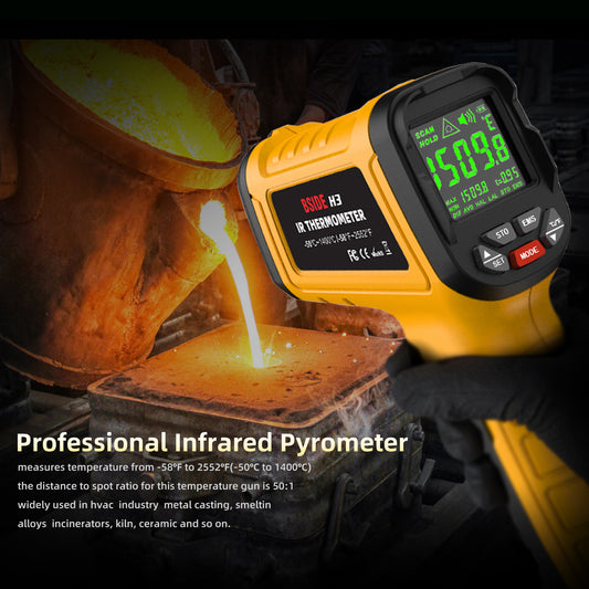 BSIDE H3 Infrared Thermometer Temperature -58℉~2552℉(-50℃~1400℃) 50:1 Industrial Digital Thermometer with Circle Laser Color LCD IR Pyrometer for HVAC Furnace Forge Casting Metallurgy Pizza BBQ