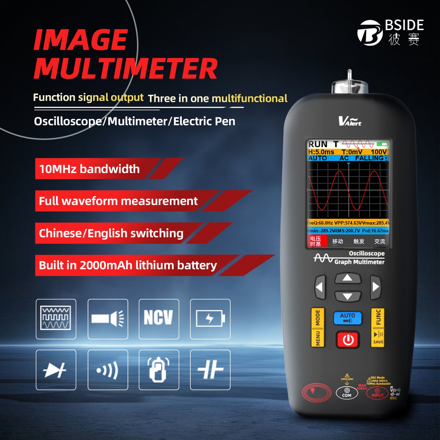 BSIDE O1X Handheld Oscilloscope Multimeter Professional Digital Oscilloscope DC AC Voltage Current Capacitor Ohm Diode Hertz Tester