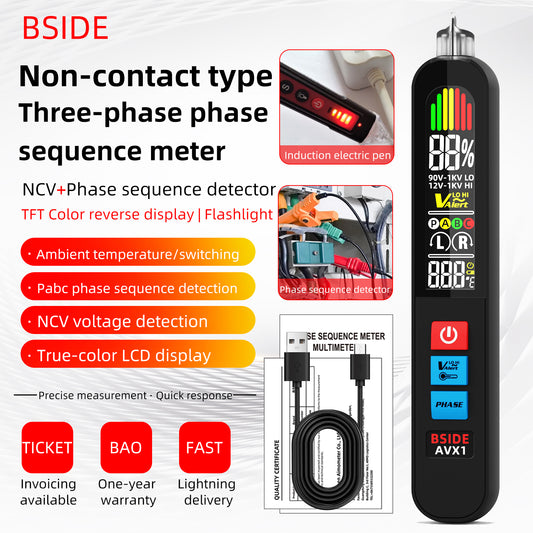 BSIDE AVX1 2-in-1 Phase Tester & NCV Detector, Live Wire/Phase Sequence Check,High/Low Sensitivity | LCD Color Screen | Temp Display | USB Rechargeable 400mAh