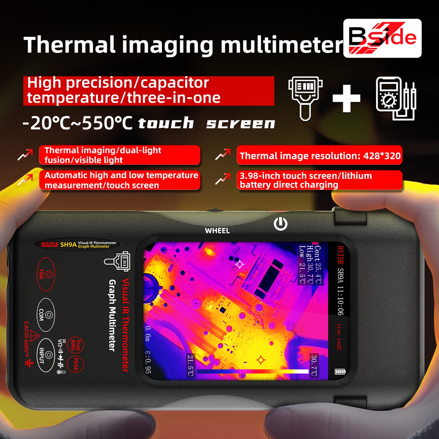 BSIDE SH9A thermal imaging multimeter High-resolution thermal imager+20000-word multimeter 2-in-1 touch screen AC/DC 10A Suitable for PCB repair, electrical, HVAC, and industrial applications