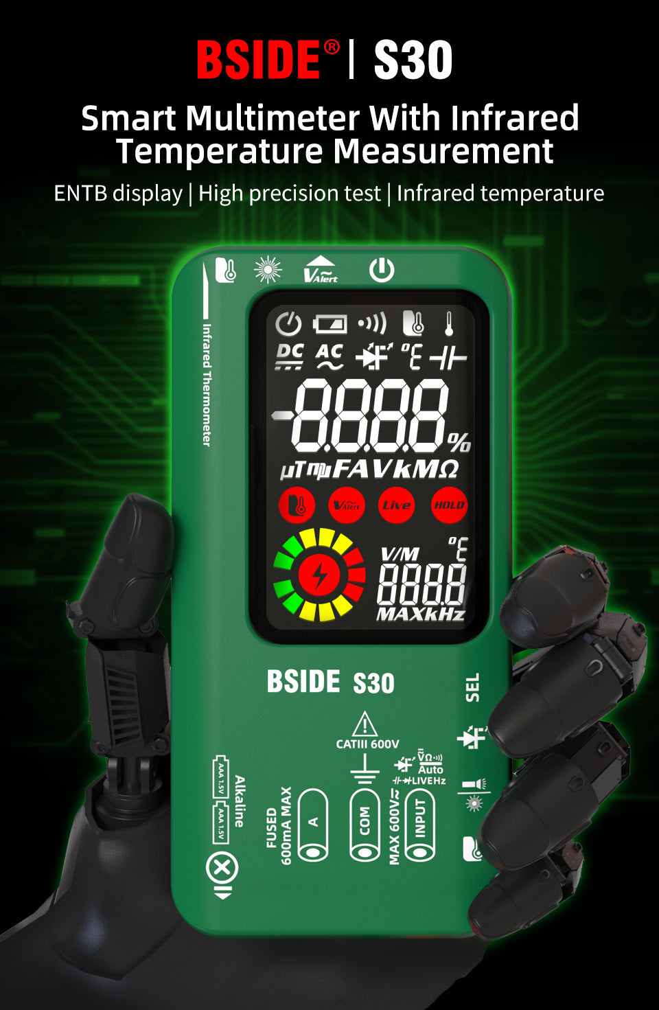 BSIDE S30 Digital Multimeter Smart Infrared Temperature 15V Diode LED Tester True RMS 9999 DC AC Voltage Rechargeable Multiteter DMM
