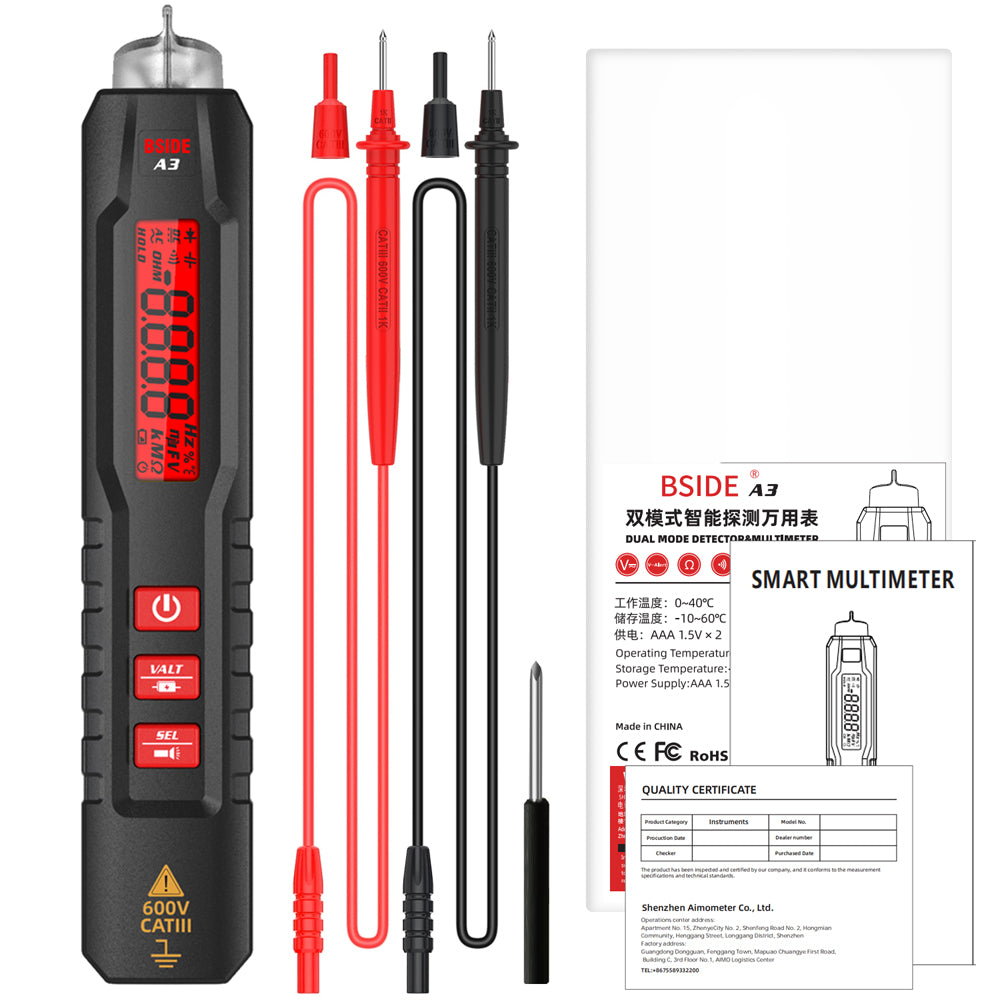 BSIDE A3X Digital Multimeter Pen-Type 3-Results Display Pocket Smart Voltmeter Capacitance Diode Ohm Hz Continuity V-Alert Voltage Tester with Back Probe Pins for Electronic Maintenance