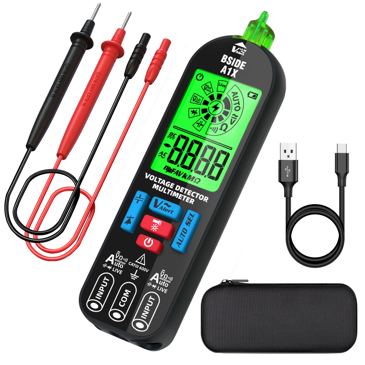 BSIDE Digital Multimeter Tester Rechargeable Electrical Voltmeter, Smart Mode with Red and Green Backlight, Measures Capacitance Diode Ohm Continuity V-Alert DC AC Voltage with Carrying Case