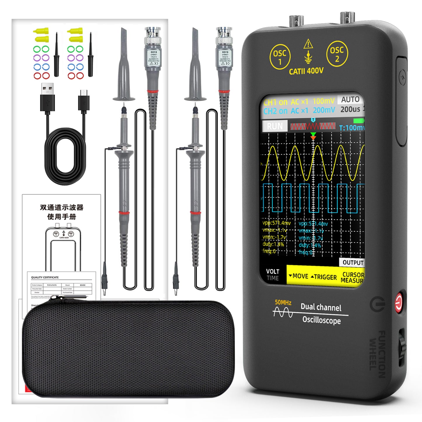BSIDE O2 Dual Channels Handheld Oscilloscope 50MHz Bandwidth Touch LCD Scope Tester DDS Rechargeable Battery for Automotive Lab Electronic Repair