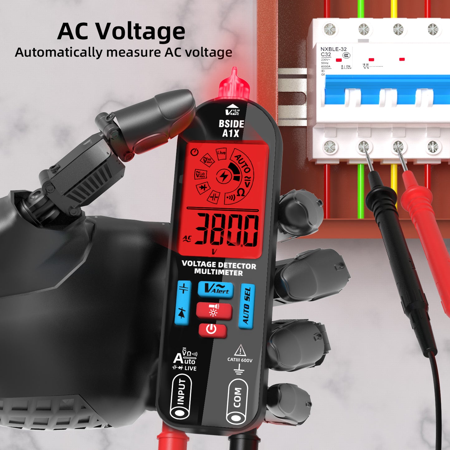 BSIDE A1X Digital Multimeter Tester Rechargeable Electrical Voltmeter, Smart Mode with Red and Green Backlight, Measures Capacitance Diode Ohm Continuity V-Alert DC AC Voltage with Carrying Case