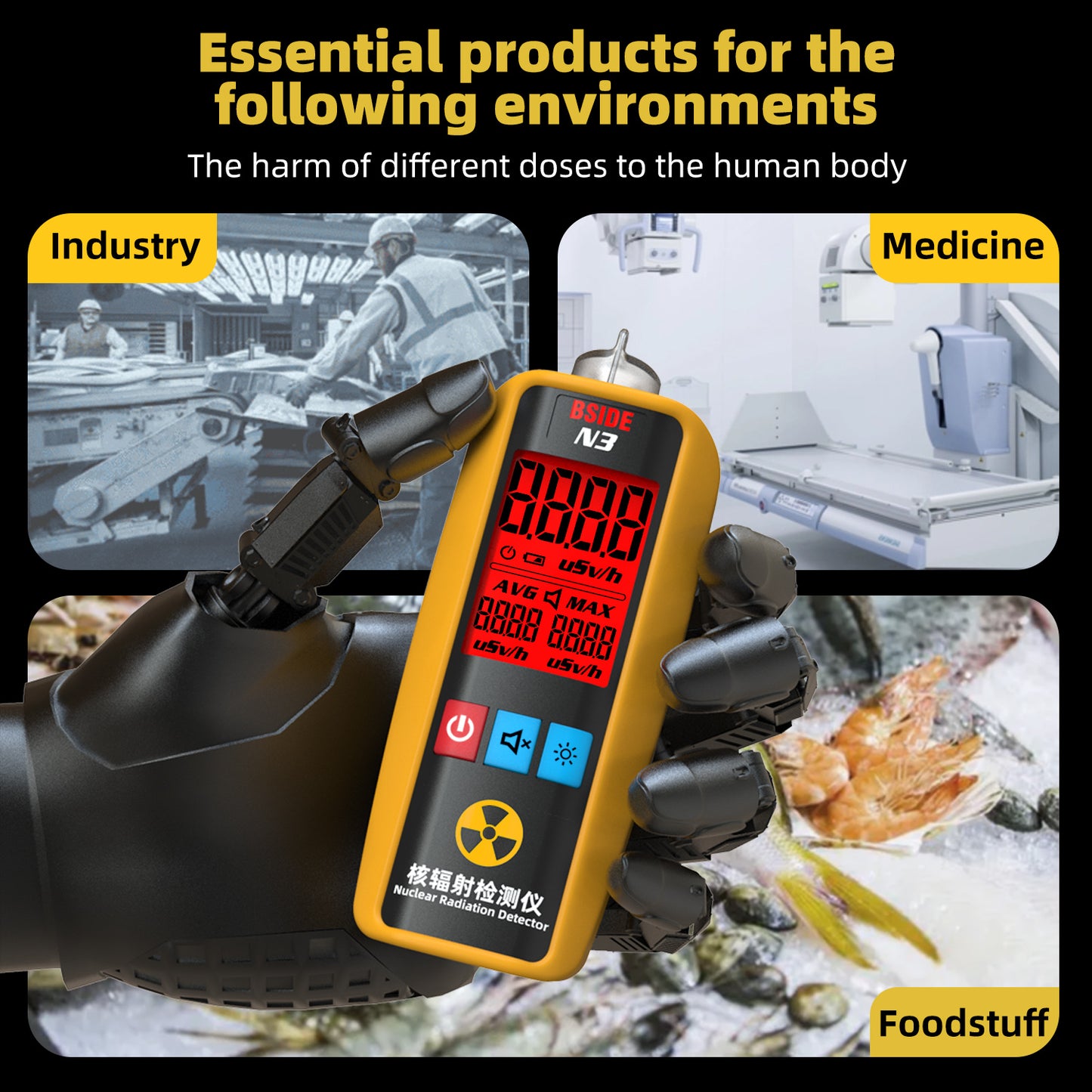 BSIDE Geiger Counter Nuclear Radiation Detector Personal EMF Radiation Dosimeter Portable Beta Gamma X-ray Radioactive Monitor Tester for Lab Sead Food Ocean Medical Industry Marble