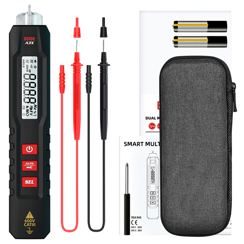 BSIDE Digital Multimeter Pen-Type 3-Results Display Pocket Smart Voltmeter Capacitance Diode Ohm Hz Continuity V-Alert Voltage Tester with Back Probe Pins for Electronic Maintenance(A3X)