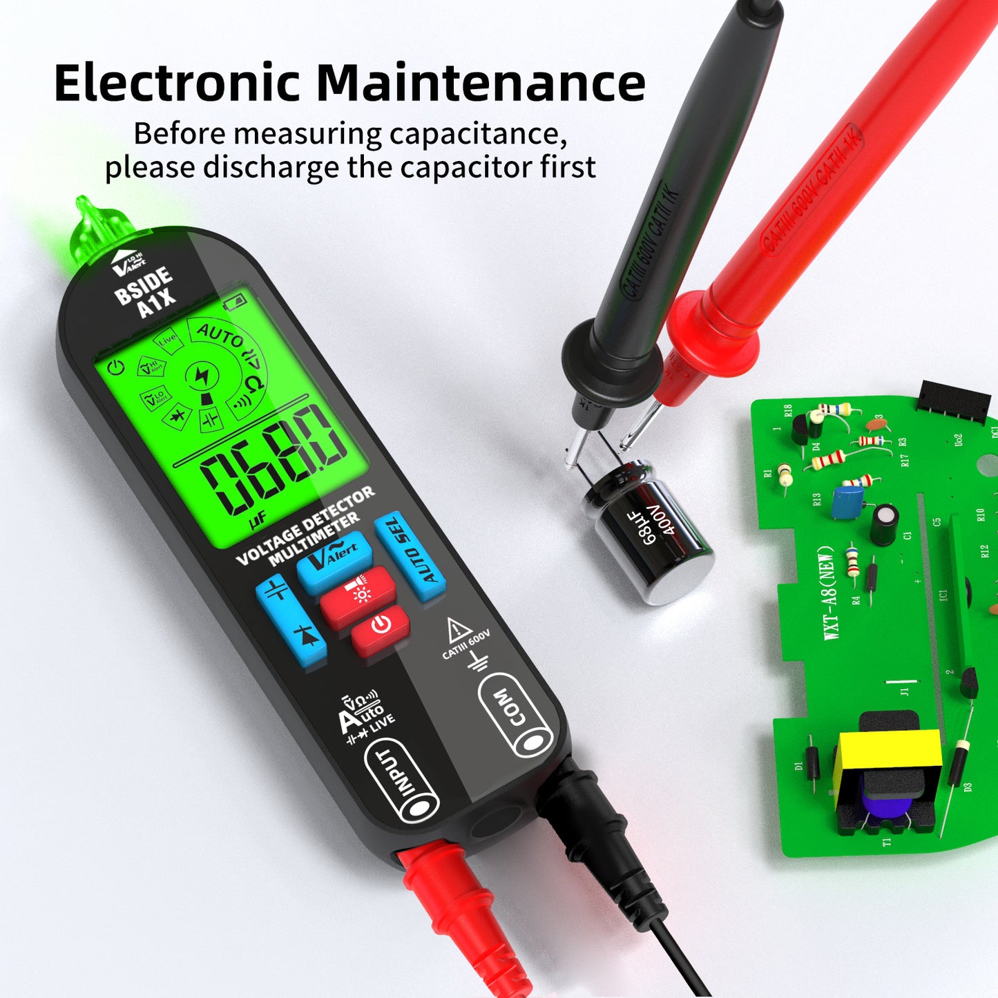 BSIDE A1X Digital Multimeter Tester Rechargeable Electrical Voltmeter, Smart Mode with Red and Green Backlight, Measures Capacitance Diode Ohm Continuity V-Alert DC AC Voltage with Carrying Case