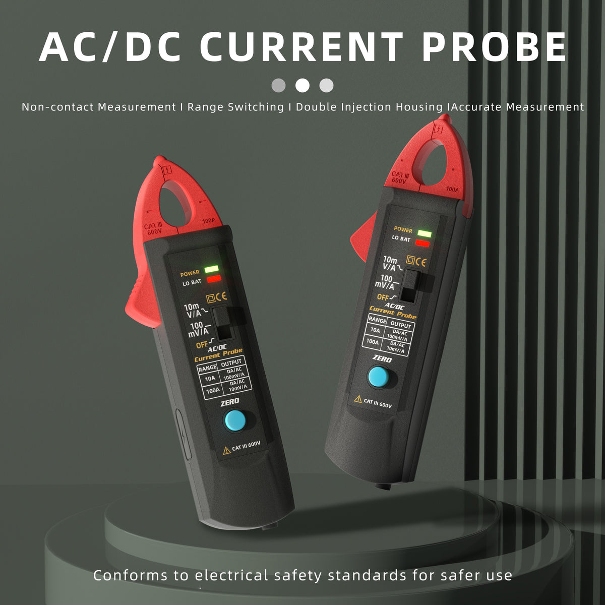 BSIDE UP1 Oscilloscope Current Probe, AC/DC Current Clamp 100A, 10A/100A Dual Range, 10mV/A and 100mV/A Output, 20kHz AC Bandwidth, Rechargeable Li-Ion Battery, CAT III 600V