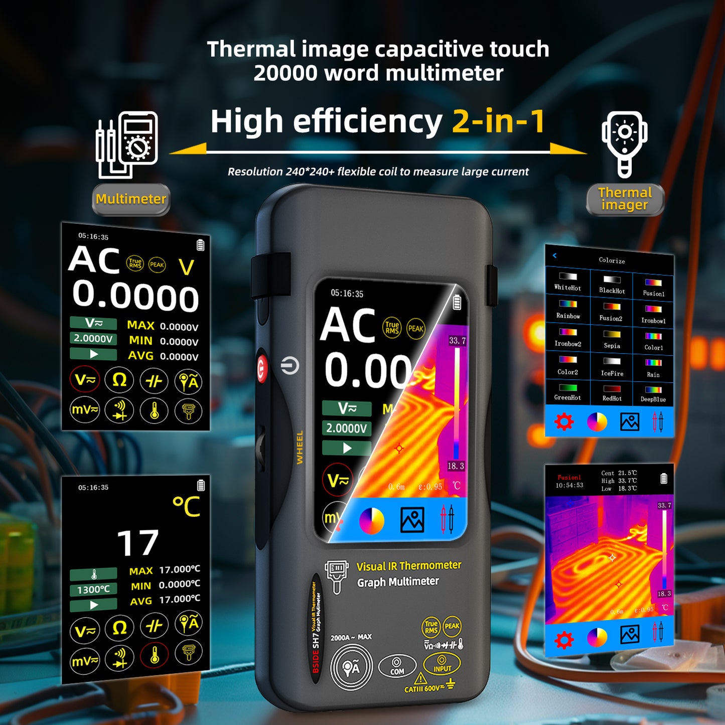 BSIDE SH7 Thermal imager Multimeter 2-in-1 tester with Touch Screen 20000 Counts & 320x320 IR Imaging Modes with Macro Lens for PCB Repair Electrical HVAC Industrial