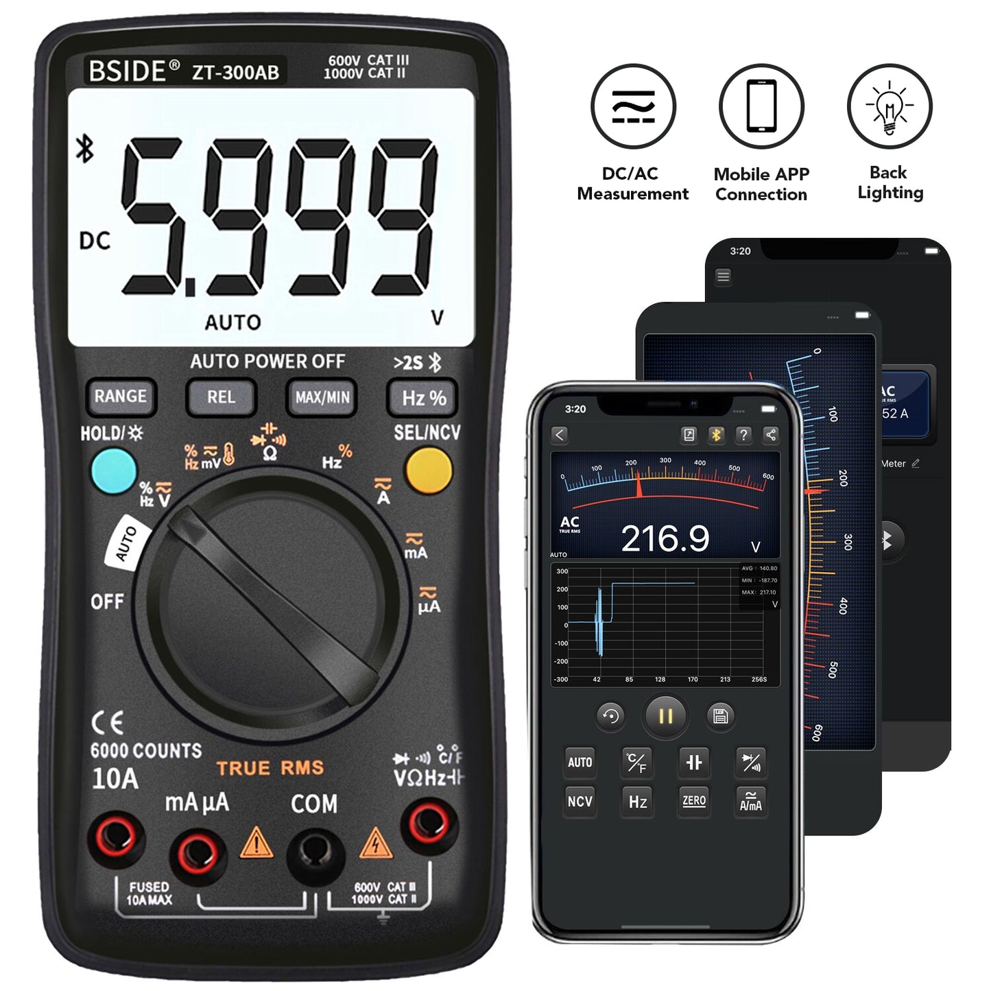 BSIDE ZT-300AB Wireless Digital Multimeter True RMS Manual/Auto Ranging 6000 Counts DMM Voltage Capacitance Temp Amp Ohm Diode   5.0  2 Reviews  ౹  14 sold
