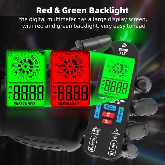 BSIDE A1X Digital Multimeter Tester Rechargeable Electrical Voltmeter, Smart Mode with Red and Green Backlight, Measures Capacitance Diode Ohm Continuity V-Alert DC AC Voltage with Carrying Case