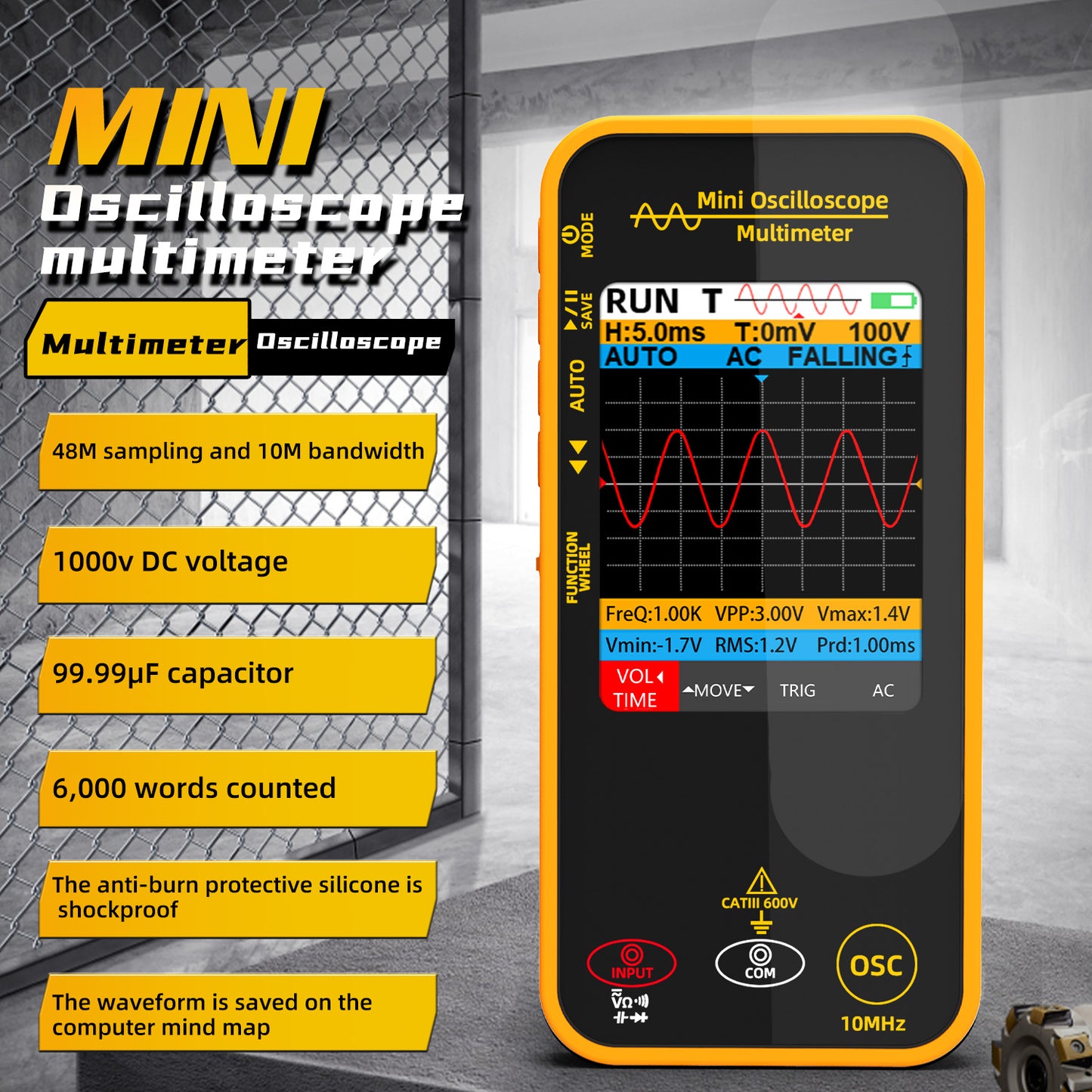 BSIDE OS1 Oscilloscope Digital Multimeter 10MHz Bandwidth 2in1 Meter Auto Waveform Measurement 2.8"TFT 6000 Counts USB-C 1200mAh