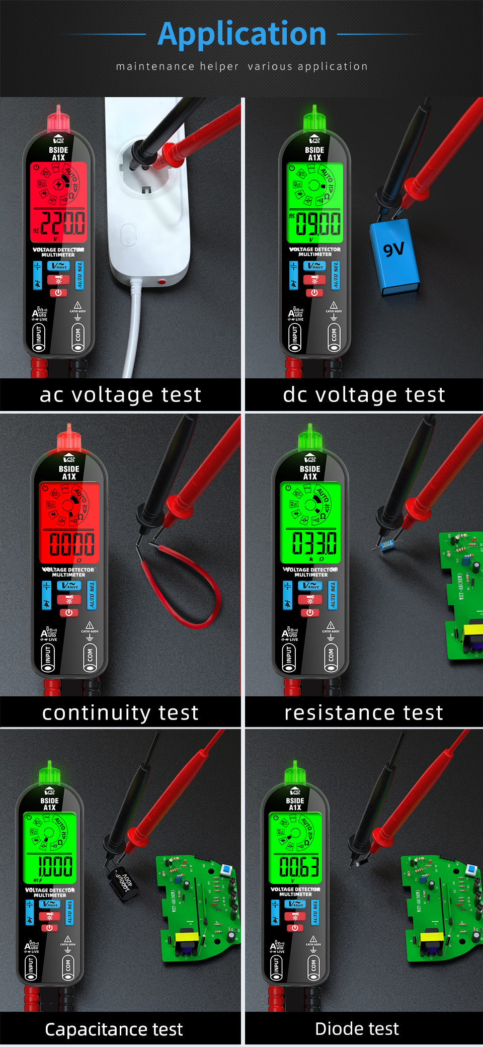 BSIDE A1X Digital Multimeter Tester Rechargeable Electrical Voltmeter, Smart Mode with Red and Green Backlight, Measures Capacitance Diode Ohm Continuity V-Alert DC AC Voltage with Carrying Case