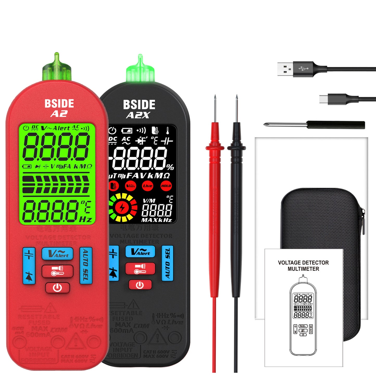 BSIDE A2X Mini Multimeter LCD Digital Tester Voltage Detector DC/AC Voltage Frequency Resistance NCV Continuity Live