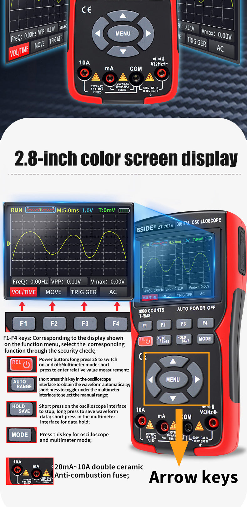BSIDE ZT702S Handheld Oscilloscope Multimeter Professional Digital Multiteter Electrician Current Capacitance Resistance Tester