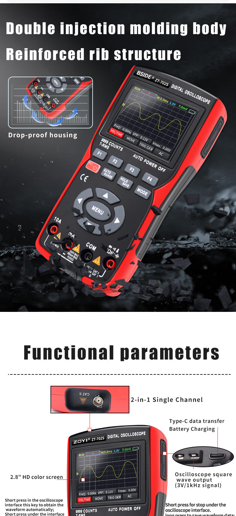 BSIDE ZT702S Handheld Oscilloscope Multimeter Professional Digital Multiteter Electrician Current Capacitance Resistance Tester
