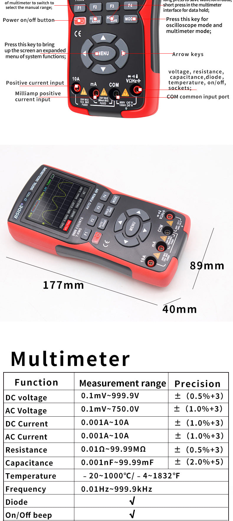 BSIDE ZT702S Handheld Oscilloscope Multimeter Professional Digital Multiteter Electrician Current Capacitance Resistance Tester