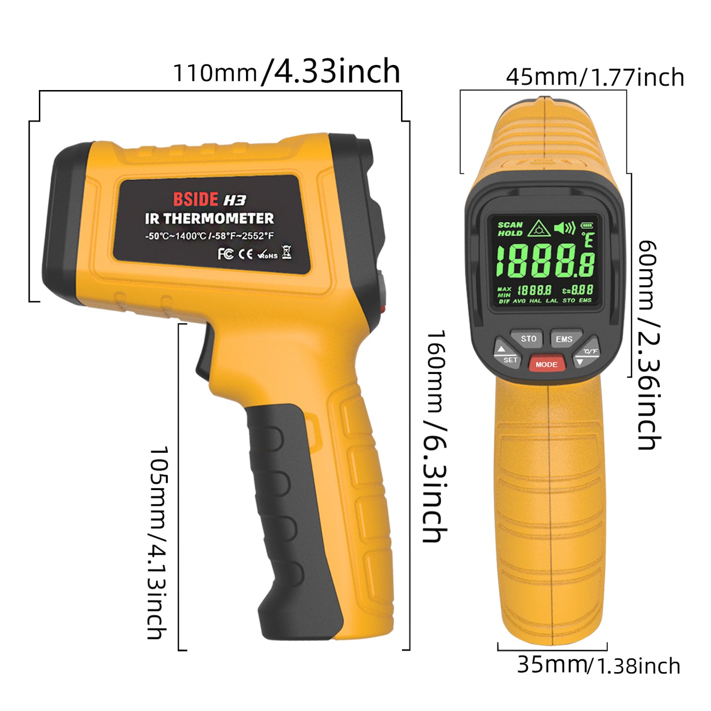 BSIDE H3 Infrared Thermometer Temperature -58℉~2552℉(-50℃~1400℃) 50:1 Industrial Digital Thermometer with Circle Laser Color LCD IR Pyrometer for HVAC Furnace Forge Casting Metallurgy Pizza BBQ