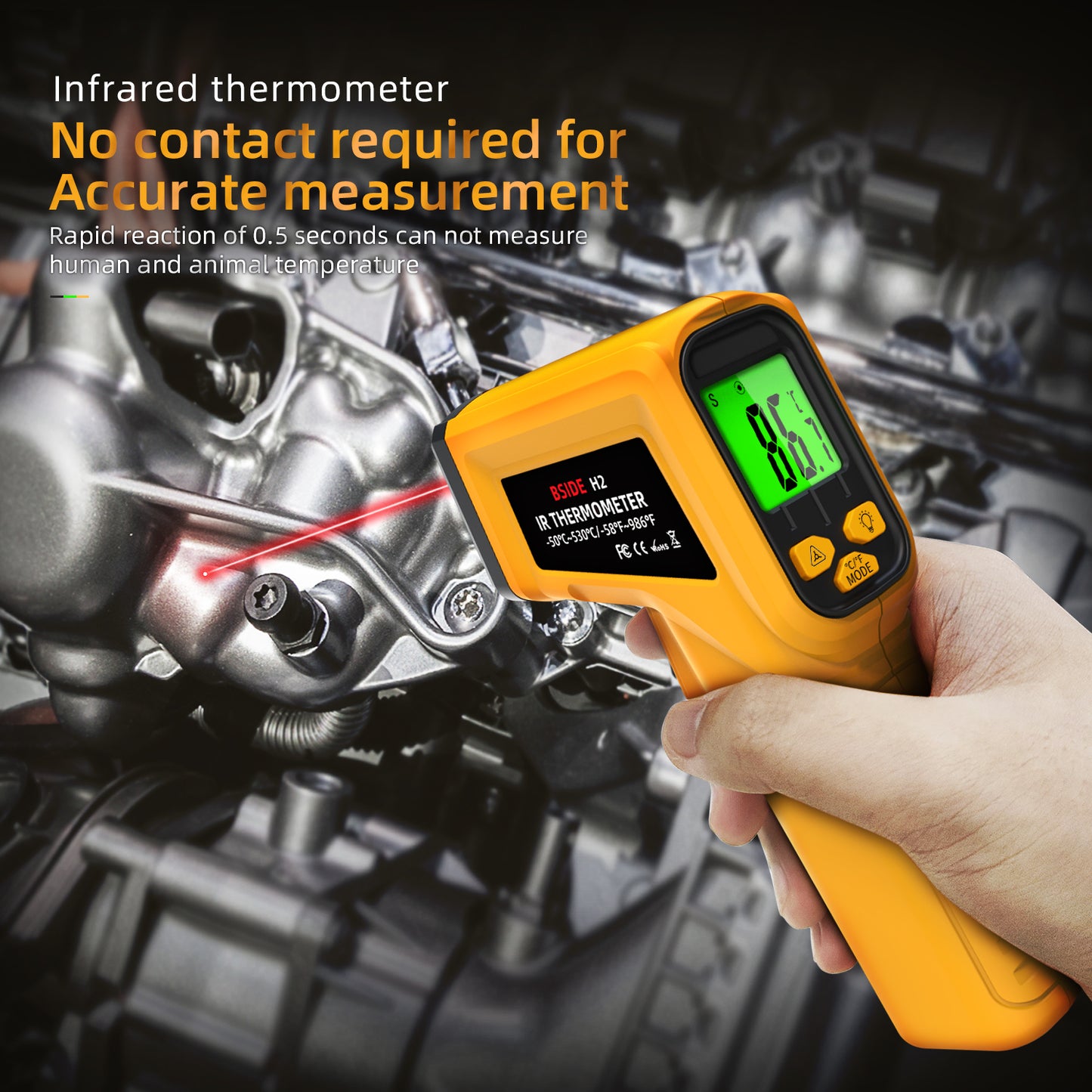 BSIDE Infrared Thermometer Laser Temperature Gun with Adjustable Emissivity for Cooking Pizza Oven Kitchen Automotive Griddle Engine Grill HVAC, Measures from -58℉ to 986℉