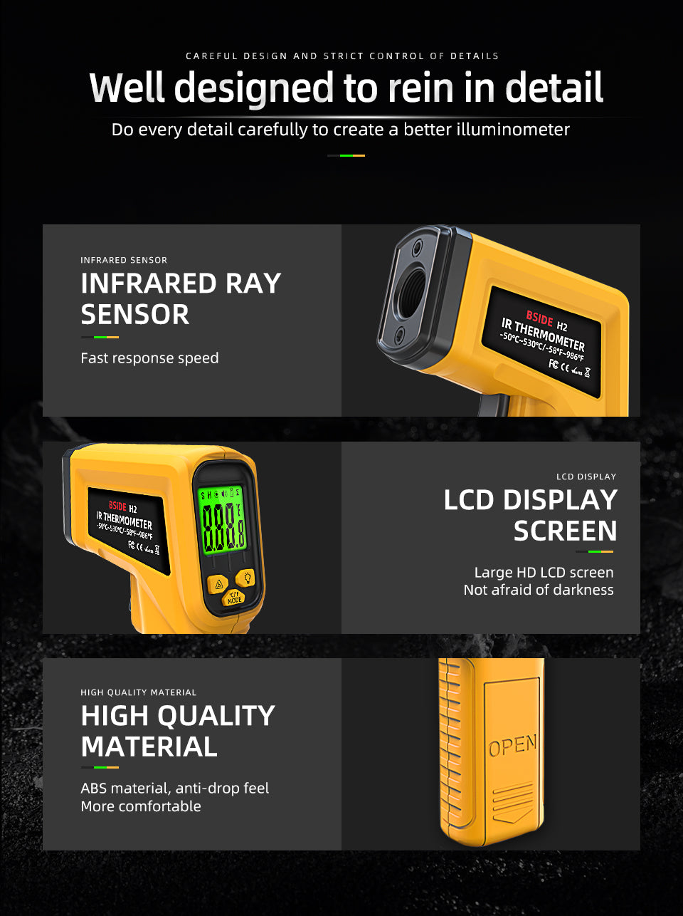 BSIDE Infrared Thermometer Laser Temperature Gun with Adjustable Emissivity for Cooking Pizza Oven Kitchen Automotive Griddle Engine Grill HVAC, Measures from -58℉ to 986℉
