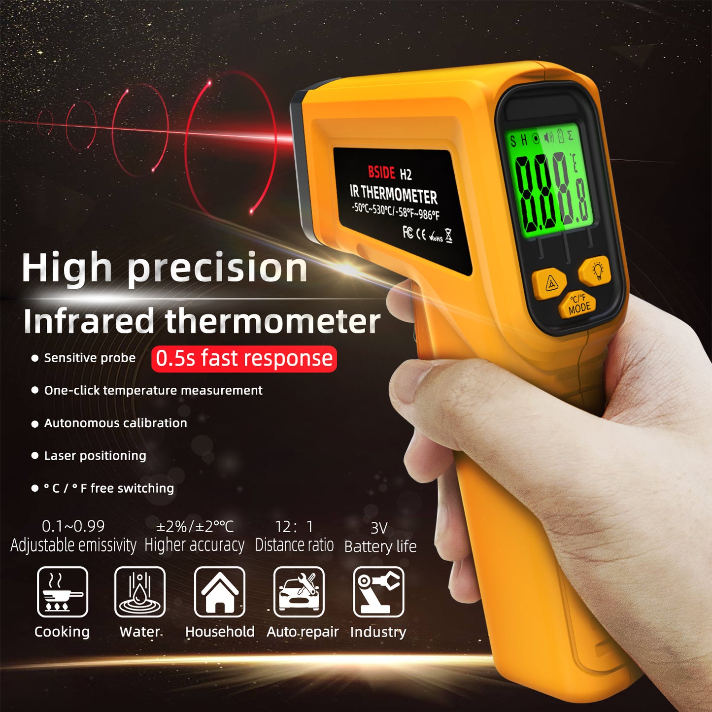 BSIDE Infrared Thermometer Laser Temperature Gun with Adjustable Emissivity for Cooking Pizza Oven Kitchen Automotive Griddle Engine Grill HVAC, Measures from -58℉ to 986℉