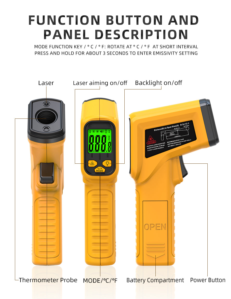 BSIDE Infrared Thermometer Laser Temperature Gun with Adjustable Emissivity for Cooking Pizza Oven Kitchen Automotive Griddle Engine Grill HVAC, Measures from -58℉ to 986℉
