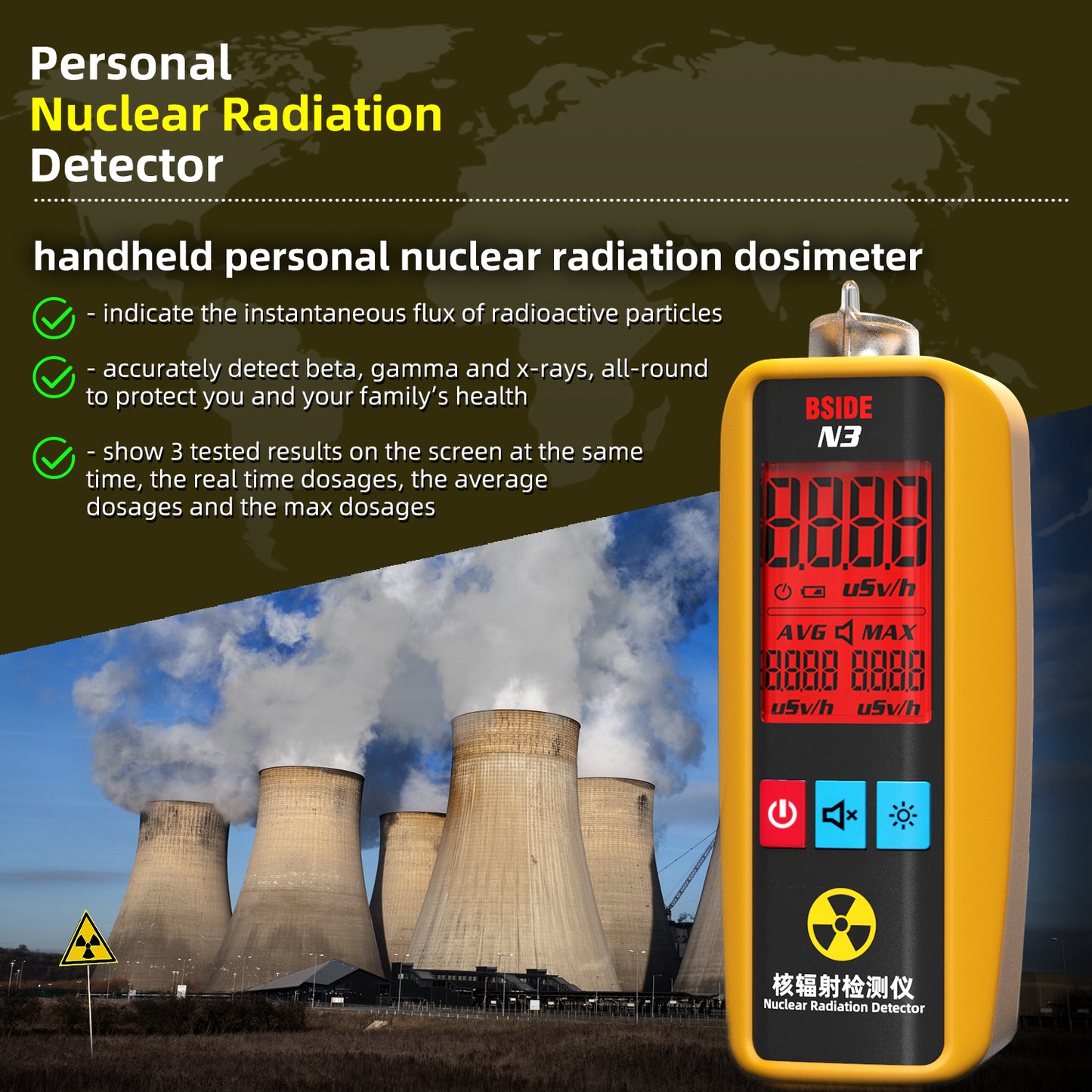 BSIDE Geiger Counter Nuclear Radiation Detector Personal EMF Radiation Dosimeter Portable Beta Gamma X-ray Radioactive Monitor Tester for Lab Sead Food Ocean Medical Industry Marble