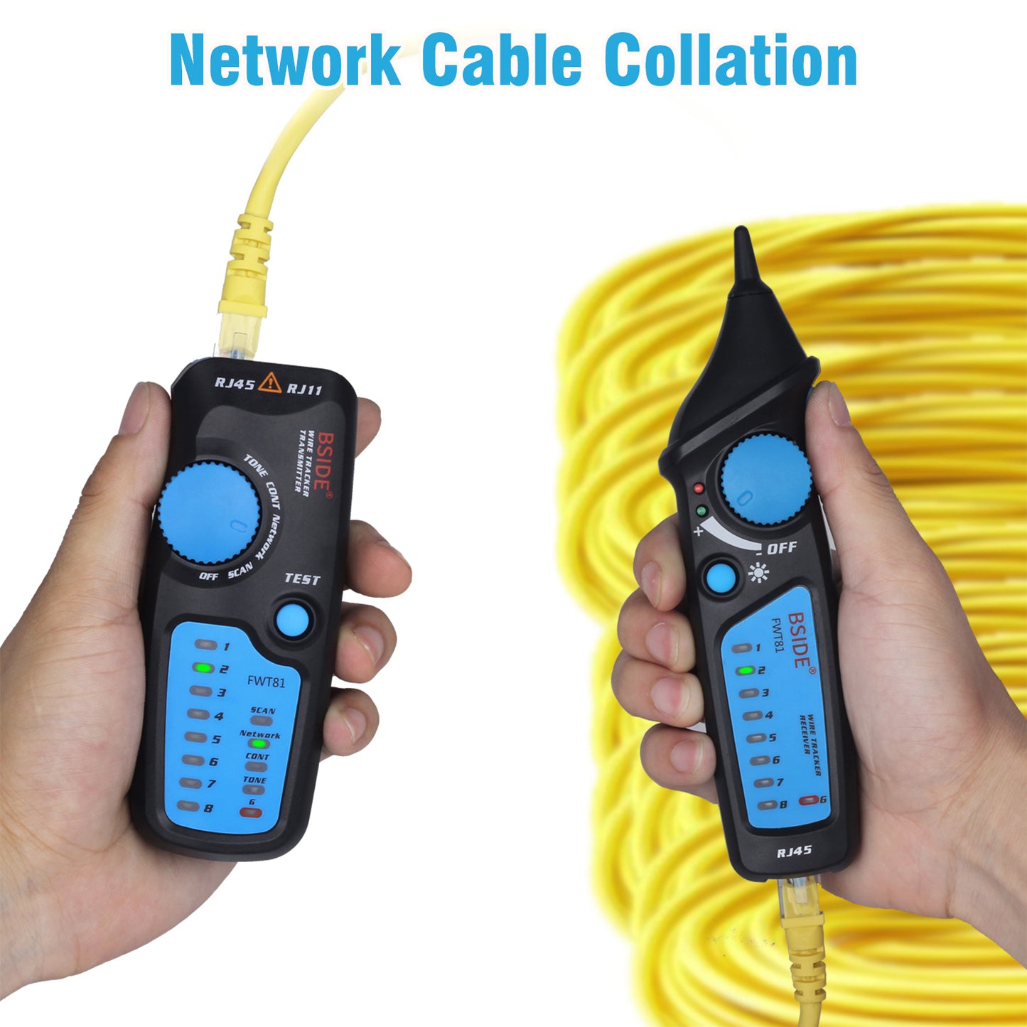 BSIDE FWT81 Network Cable Tester RJ45 RJ11 Wire Tracker Telephone Line Tester LAN TV Electric Line Finder Toner Network Cable Collation Continuity Checker with Flashlight