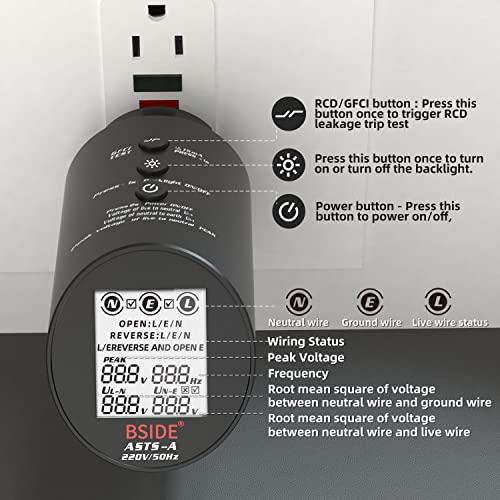 BSIDE ASTS Circuit Analyzer, Professional Wiring Status Tester, Line Voltage Distribution Checker, Large LCD Circuit Fault Locator GFCI Leakage Socket Tester