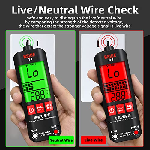 BSIDE A1 Digital Multimeter 3-Results Display Pocket Smart Auto Range Voltmeter Resistance Frequency Continuity V-Alert Live Wire Voltage Tester with Flashlight