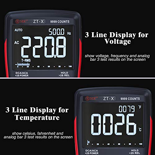 BSIDE EBTN LCD Multimeter 3-Line Display 9999 Counts Button Design True RMS Auto-Ranging Voltmeter Amp Volt Diode Temp Cap Tester with Alligator Clip