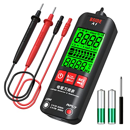 BSIDE A1 Digital Multimeter 3-Results Display Pocket Smart Auto Range Voltmeter Resistance Frequency Continuity V-Alert Live Wire Voltage Tester with Flashlight