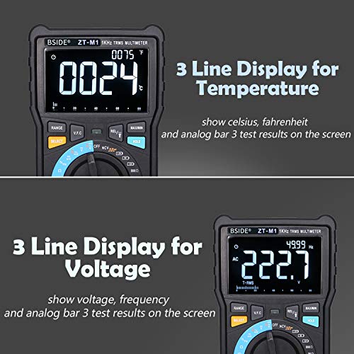 BSIDE Digital Multimeter 3-Line Display True RMS Auto-Ranging Voltmeter Temperature Capacitance AC/DC Voltage Current Tester