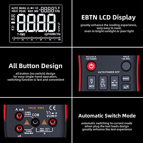 BSIDE EBTN LCD Multimeter 3-Line Display 9999 Counts Button Design True RMS Auto-Ranging Voltmeter Amp Volt Diode Temp Cap Tester with Alligator Clip